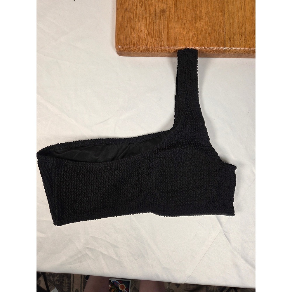 Black Smocked One Shoulder Bikini Set Textured Two Piece Swimsuit‎ Small